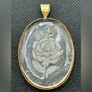 Vintage Lucite Reverse Intaglio Clear Rose Pendant in Gold Tone Frame